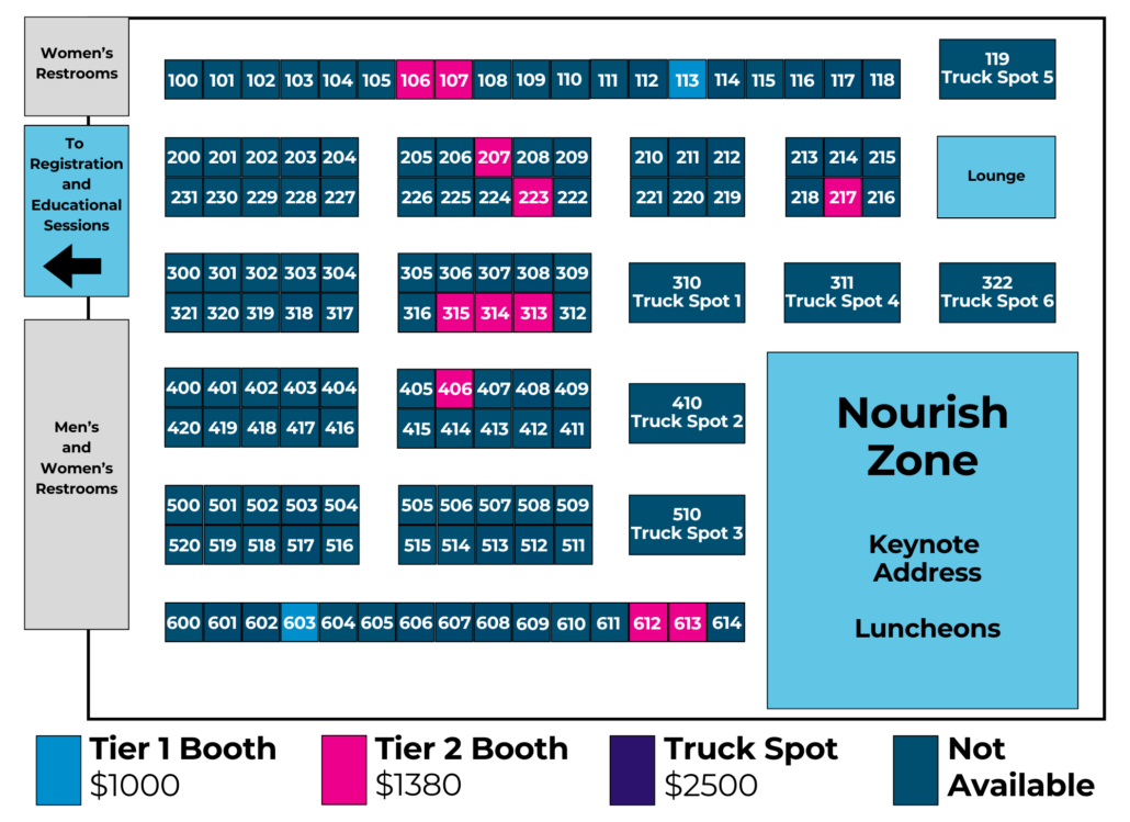 Floor plan of an event seating area with numbered booths (100–618). Pink booths show reserved seats; left column marks Women’s and Men’s Restrooms, right features a Lounge and Nourish Zone.