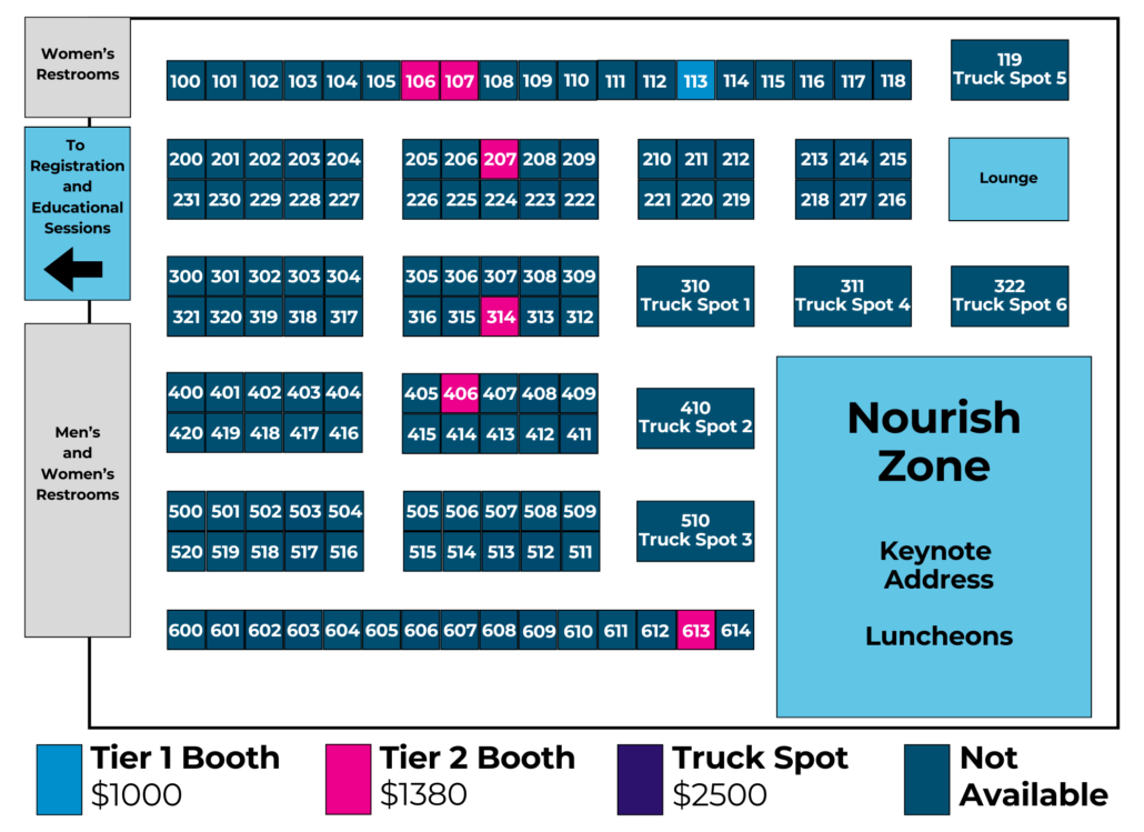 Hospitality seating map showing booth numbers, restrooms, and zones with a large Nourish Zone area on the right side.