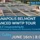 Promotional banner for the Indianapolis Belmont Advanced WWTP Tour; background shows a wastewater treatment facility; text highlights ‘Earn 3.0 CEUs/PDHs’, ‘Register Today’, and ‘June 16th | 8:00 AM’.