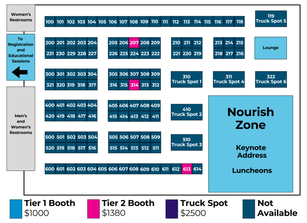 Event floor plan showing numbered booths arranged in rows, with sections for Women’s Restrooms, Lounge, and Nourish Zone; embedded legend indicates tier booths and prices.