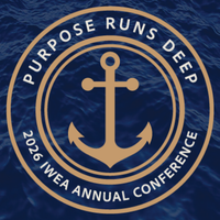 Circular navy and gold seal with an anchor in the center and the text 'Purpose Runs Deep' and '2026 IWEA Annual Conference' around the edge