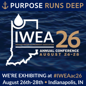Conference poster for IWEA 26 with Indiana map silhouette, water drop logo, and dates August 26–28 in Indianapolis.