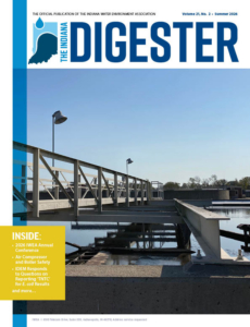 Cover image for The Indiana Digest er magazine: a concrete walkway with metal railings over a calm water body, blue sky above, reflecting a clean water treatment setting.
